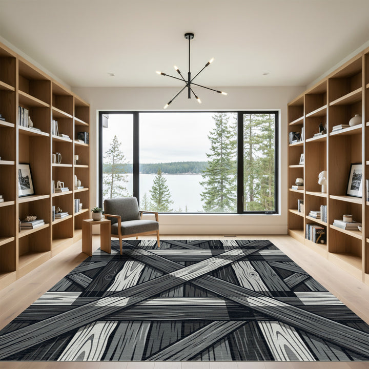 Gray Wood Plaid Crossed Lumber Rug