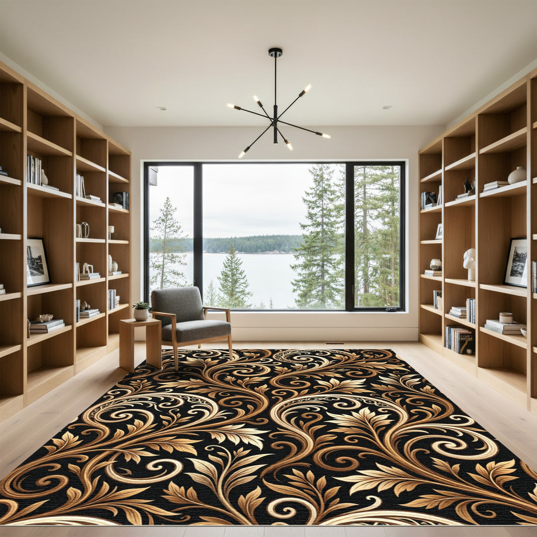 Ornate Gold Leaf Swirls Black Rug