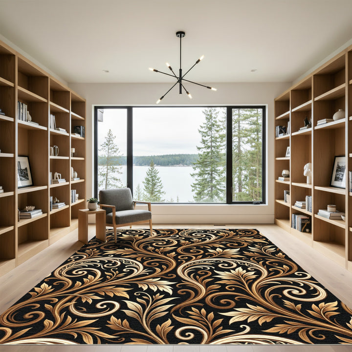 Ornate Gold Leaf Swirls Black Rug