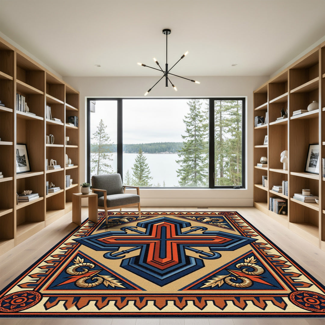 Deep Blue Orange Ram Crest Rug
