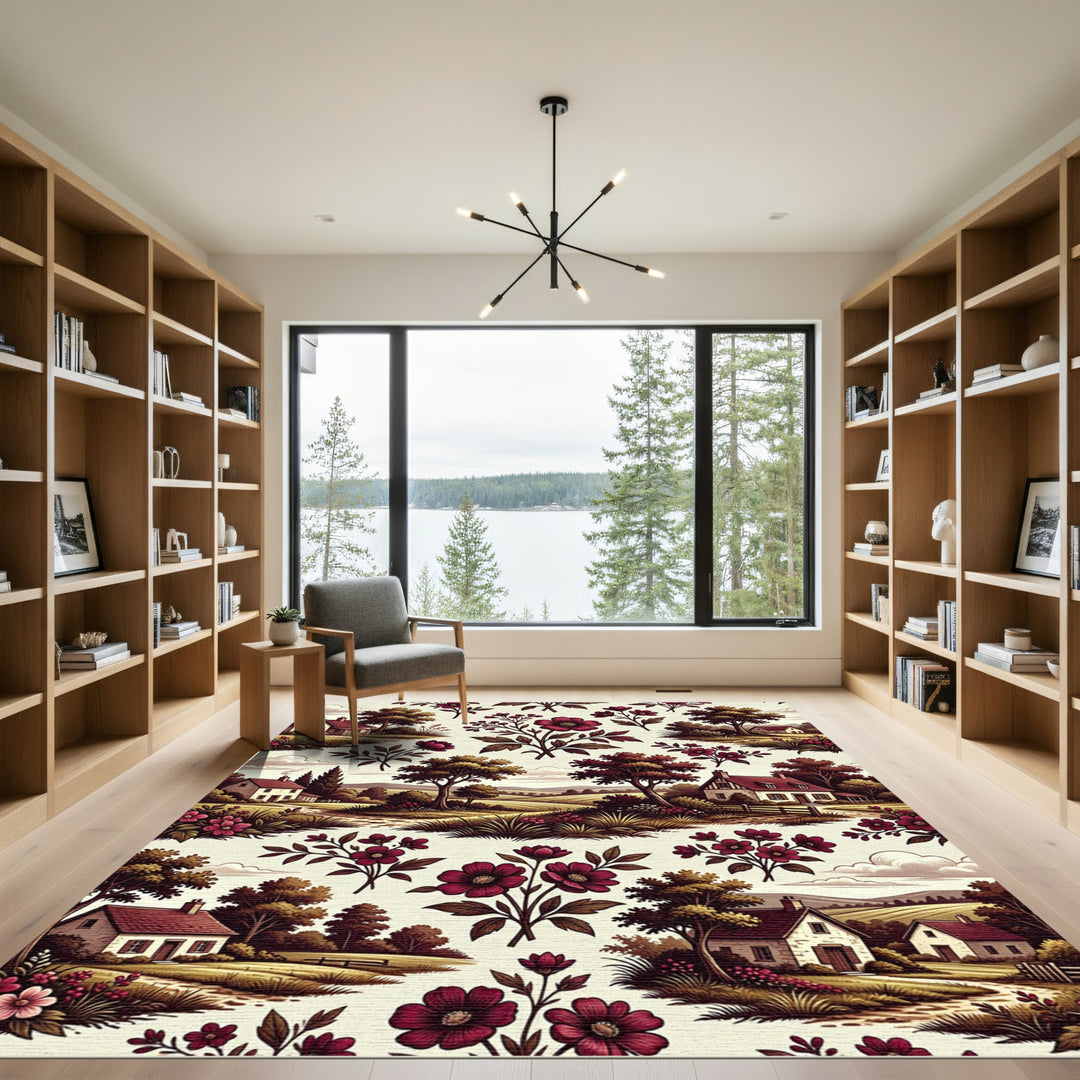 Vinatge Red Floral Countryside Scenic Rug