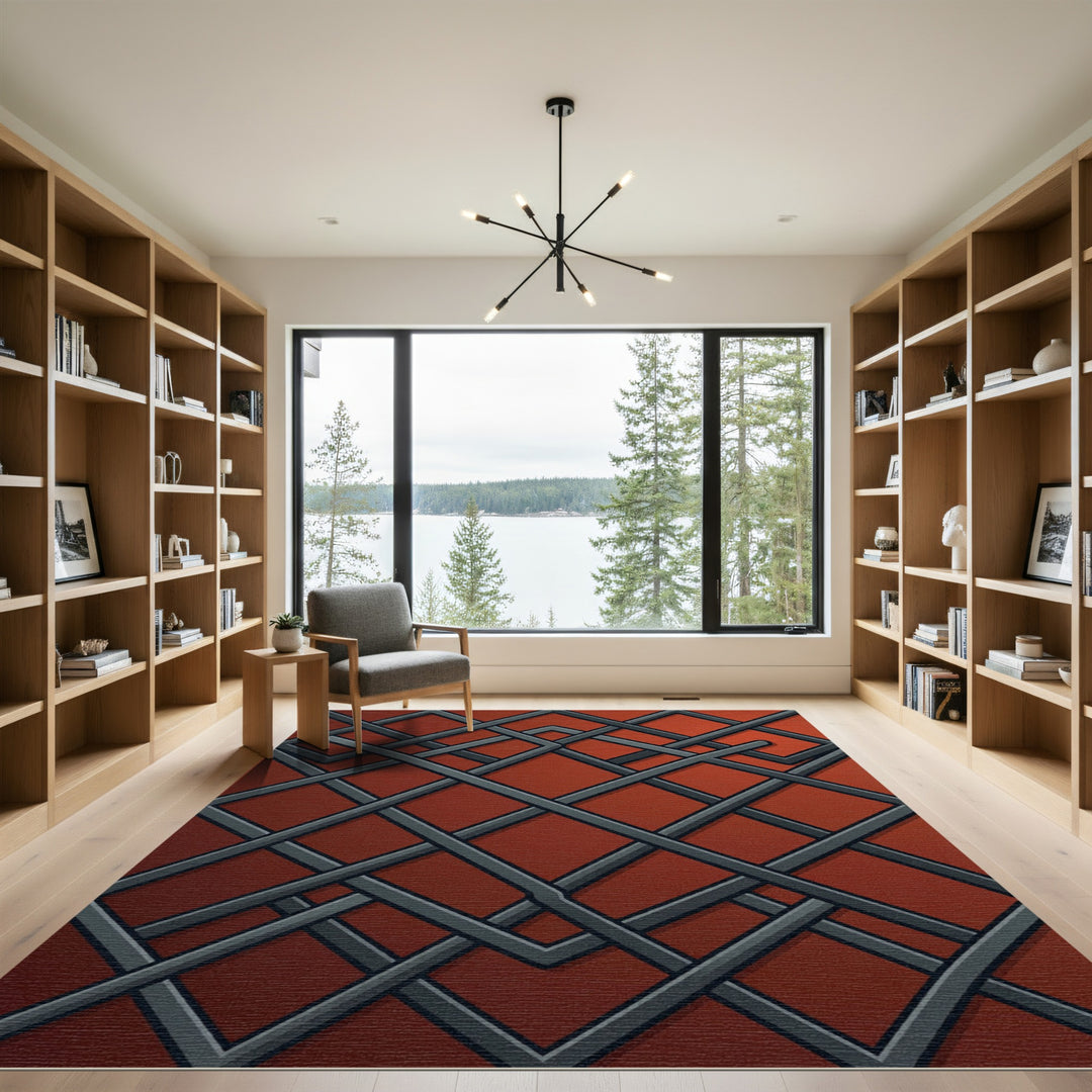 Deep Red Interlocking Geometric Lines Rug