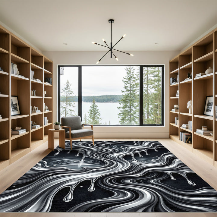 Liquid Silver Abstract Swirl Rug
