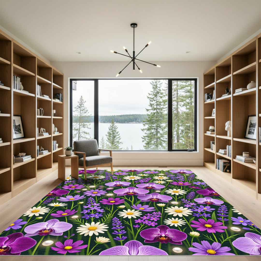 Vibrant Purple Orchid Daisy Garden Meadow Rug