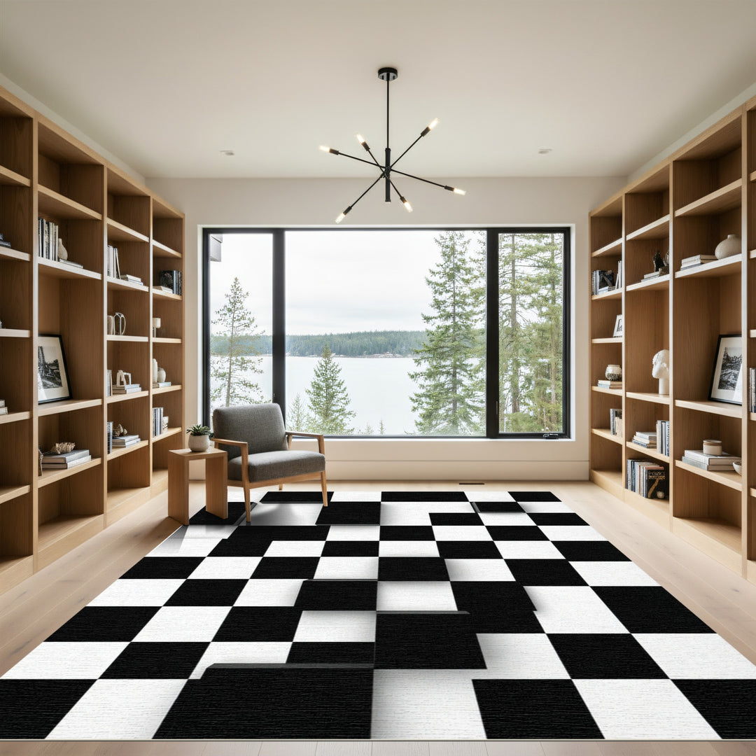 Monochromatic Cubist Chessboard Squares Rug