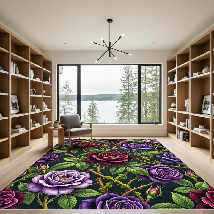 Dark Floral Roses Vines Rug