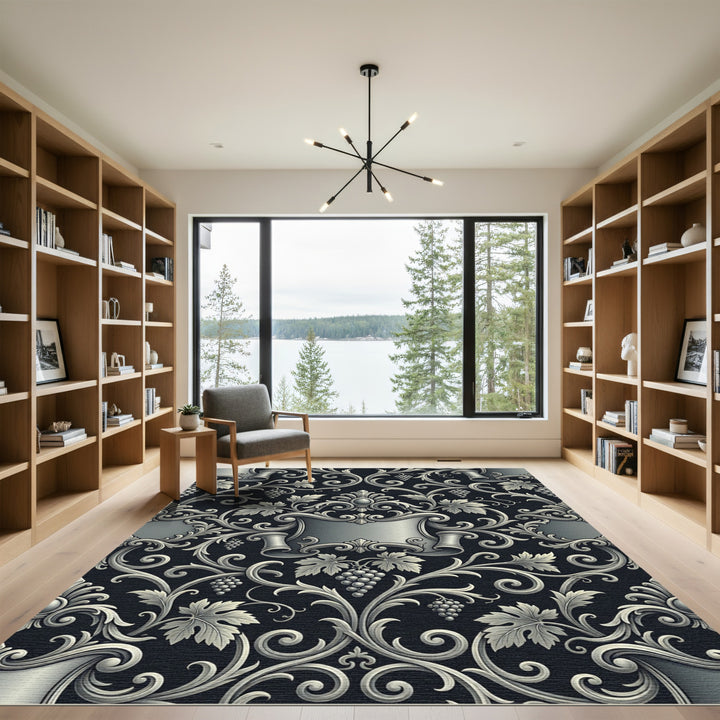 Elegant Silver Grapevine Scroll Artwork Rug