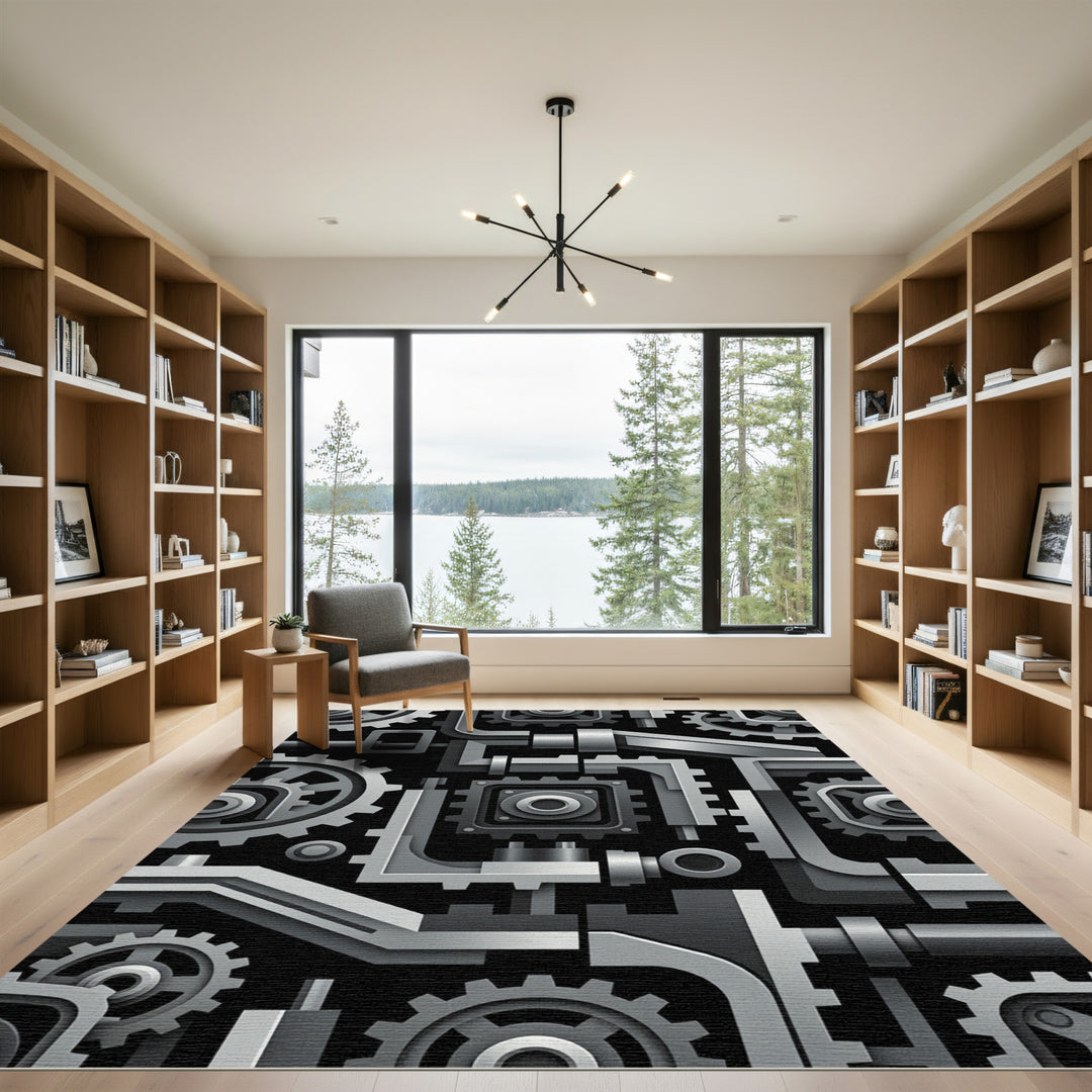 Industrial Gear and Pipe Composition Rug