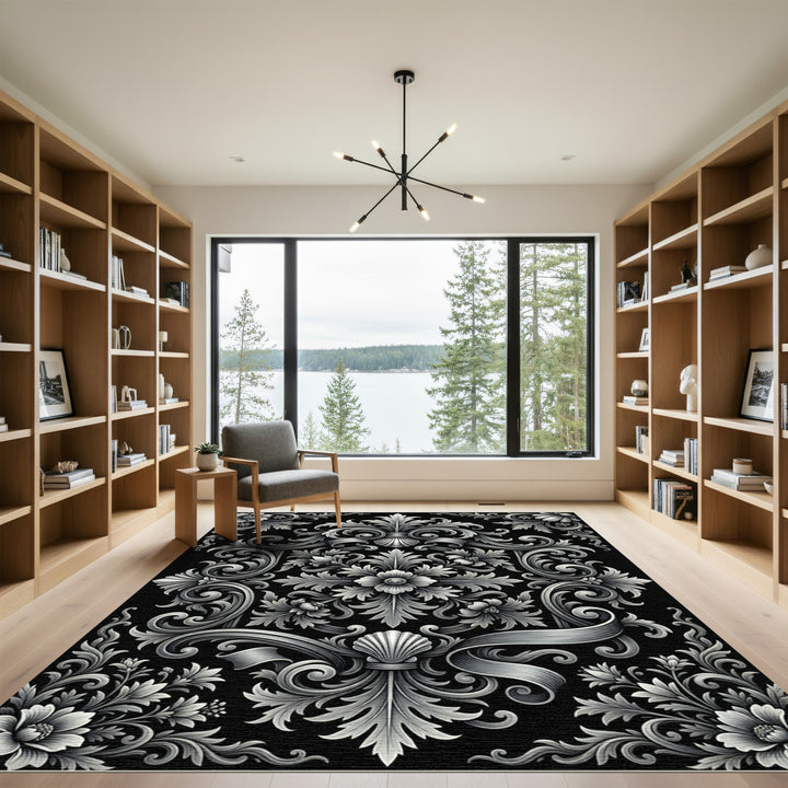 Ornate Gray Floral Scrollwork Rug