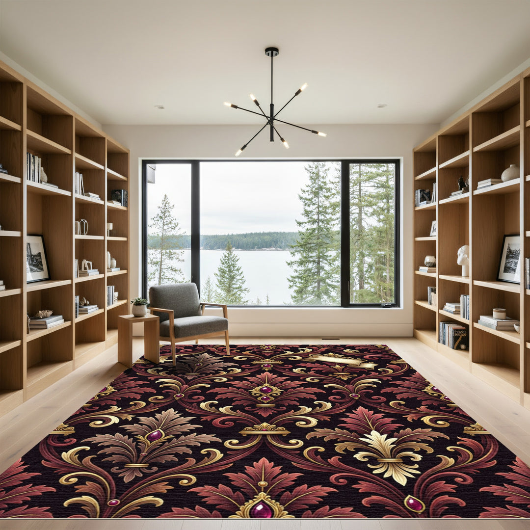 Regal Burgundy Gold Damask Fleur-de-lis Rug