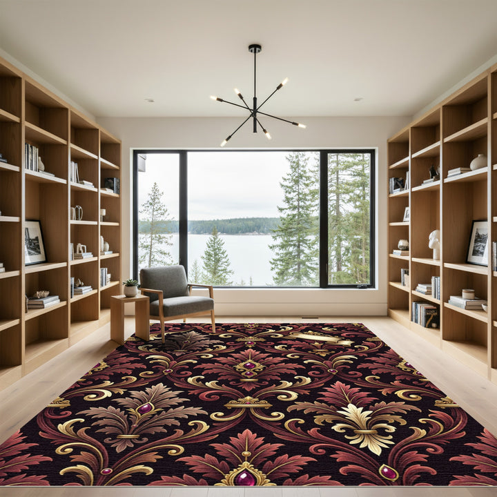 Regal Burgundy Gold Damask Fleur-de-lis Rug