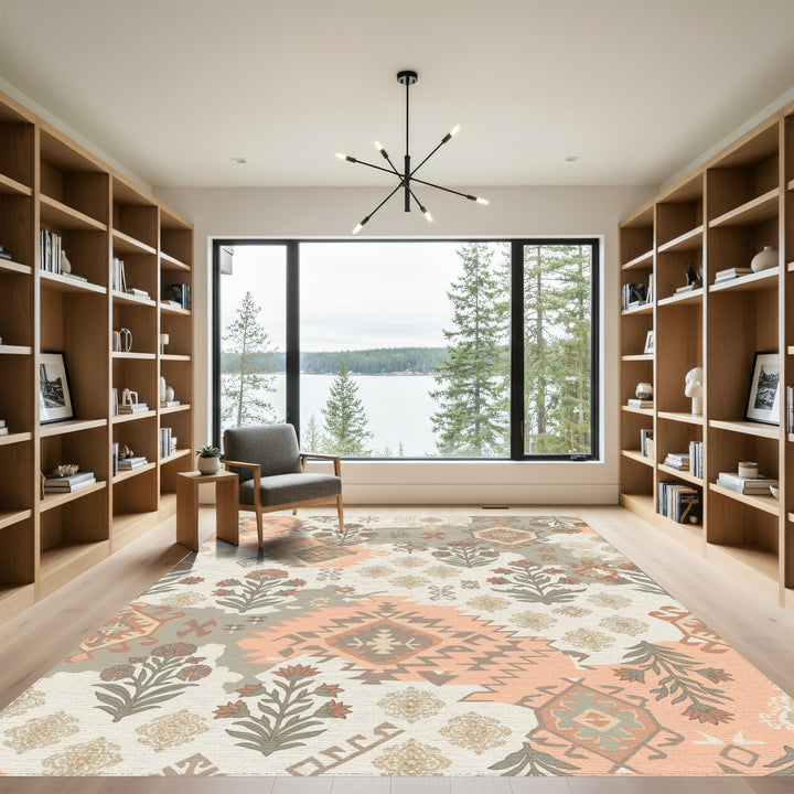 Terracotta Peach Geometric Medallion Floral Rug