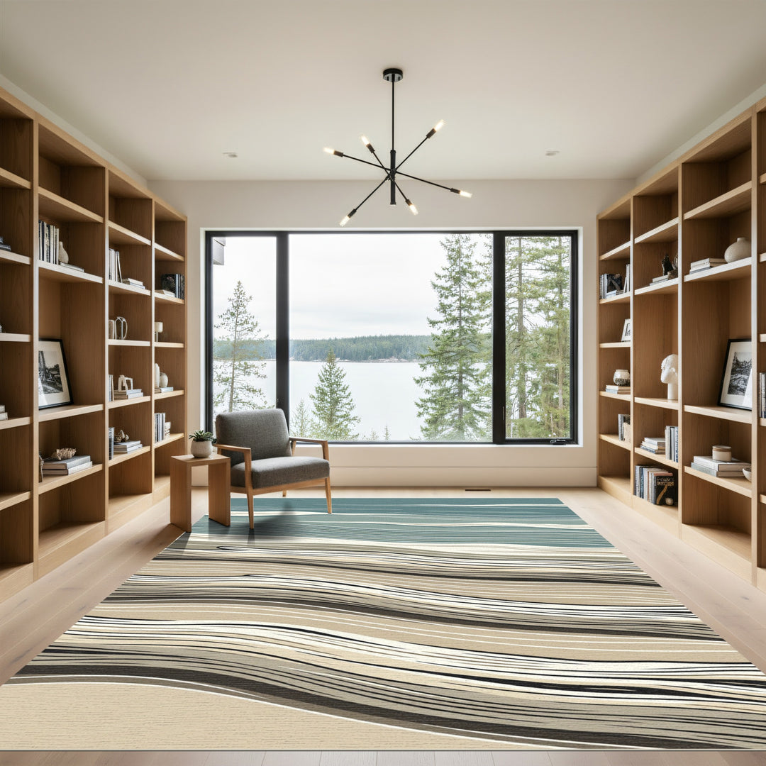 Abstract Blue and Beige Wave Rug