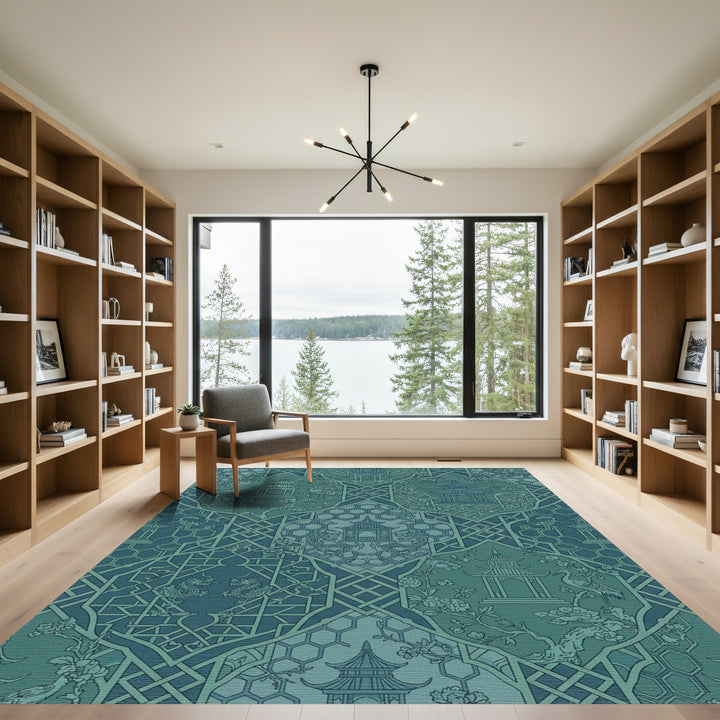 Teal Pagoda Dragon Blossom Lattice Rug