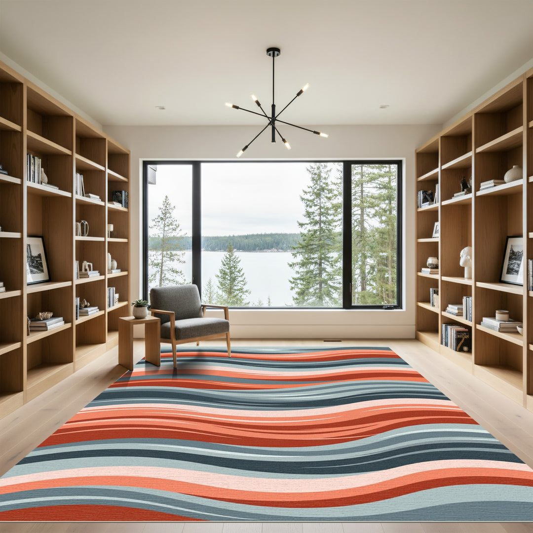 Coral and Gray Wavy Abstract Rug