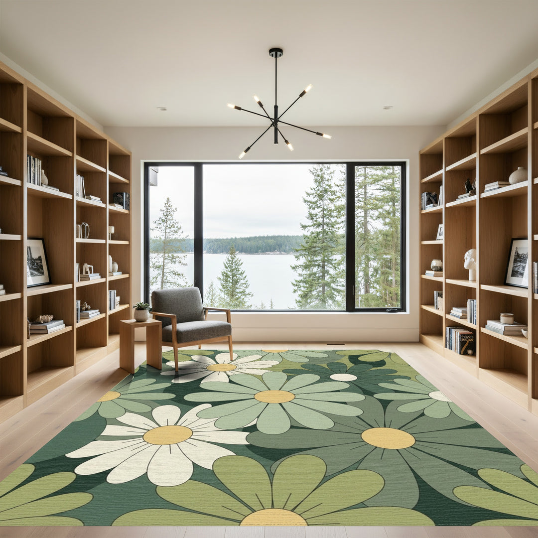 Retro Daisy Meadow Green Floral Rug