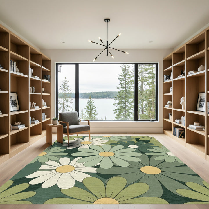 Retro Daisy Meadow Green Floral Rug