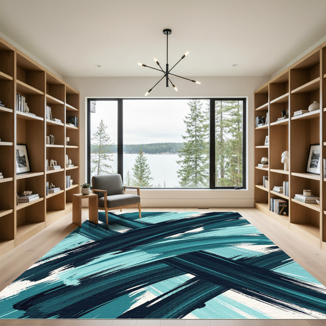 Deep Teal Abstract Brush Stroke Rug