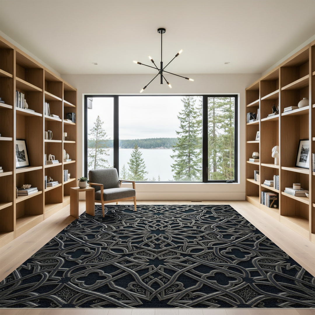 Elegant Silver Arabesque Mandala Rug