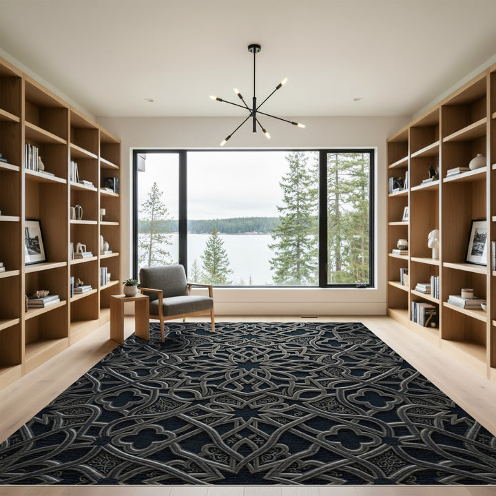 Elegant Silver Arabesque Mandala Rug