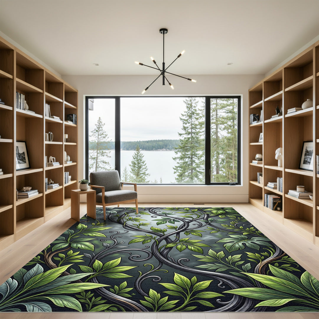 Elegant Green Leafy Vine Swirls Rug
