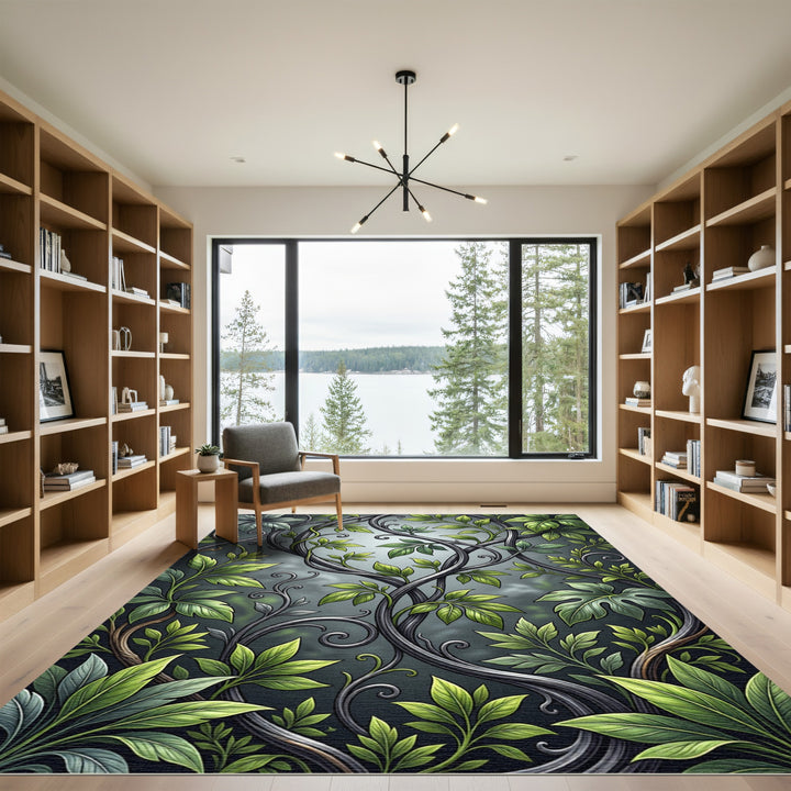 Elegant Green Leafy Vine Swirls Rug
