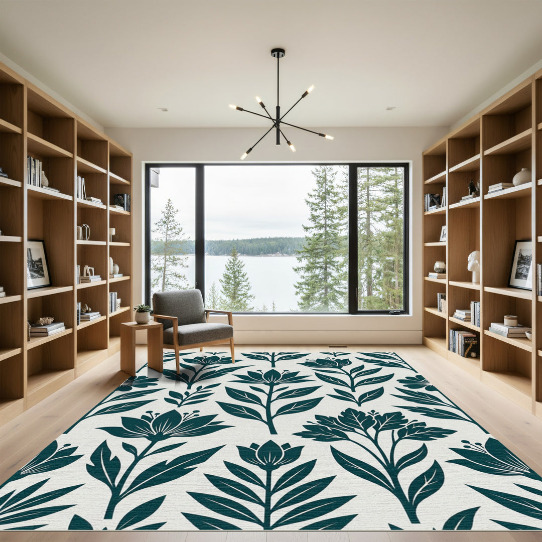 Deep Teal Floral Botanical Aesthetic Rug