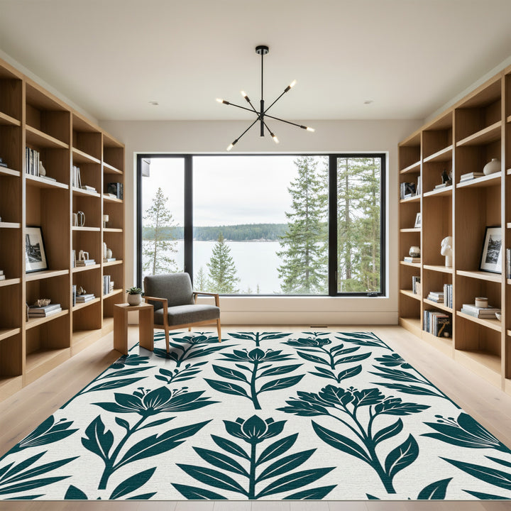 Deep Teal Floral Botanical Aesthetic Rug