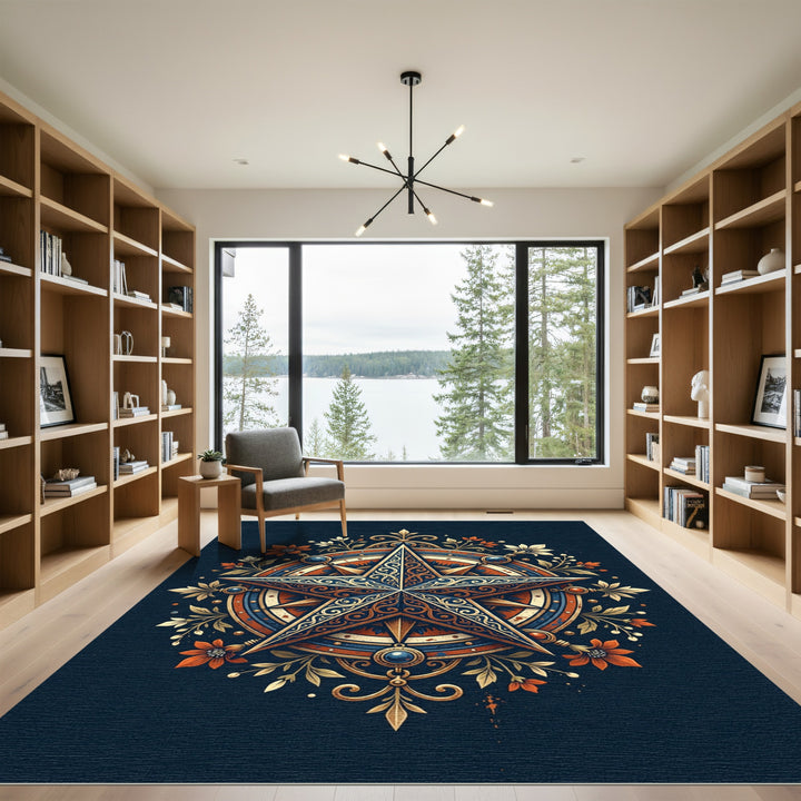 Ornate Star Compass Floral Emblem Rug