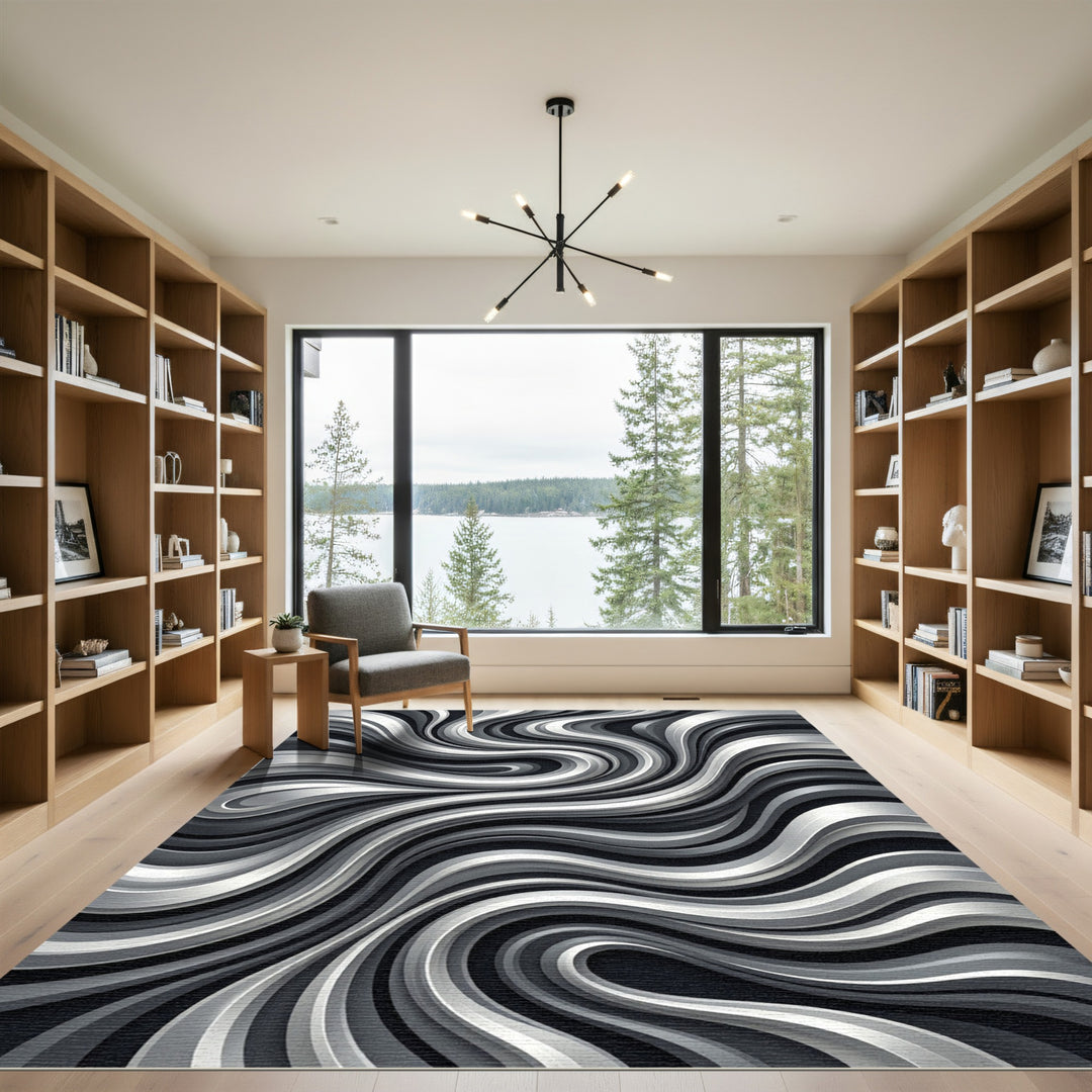 Metallic Gray Swirl Abstract Rug