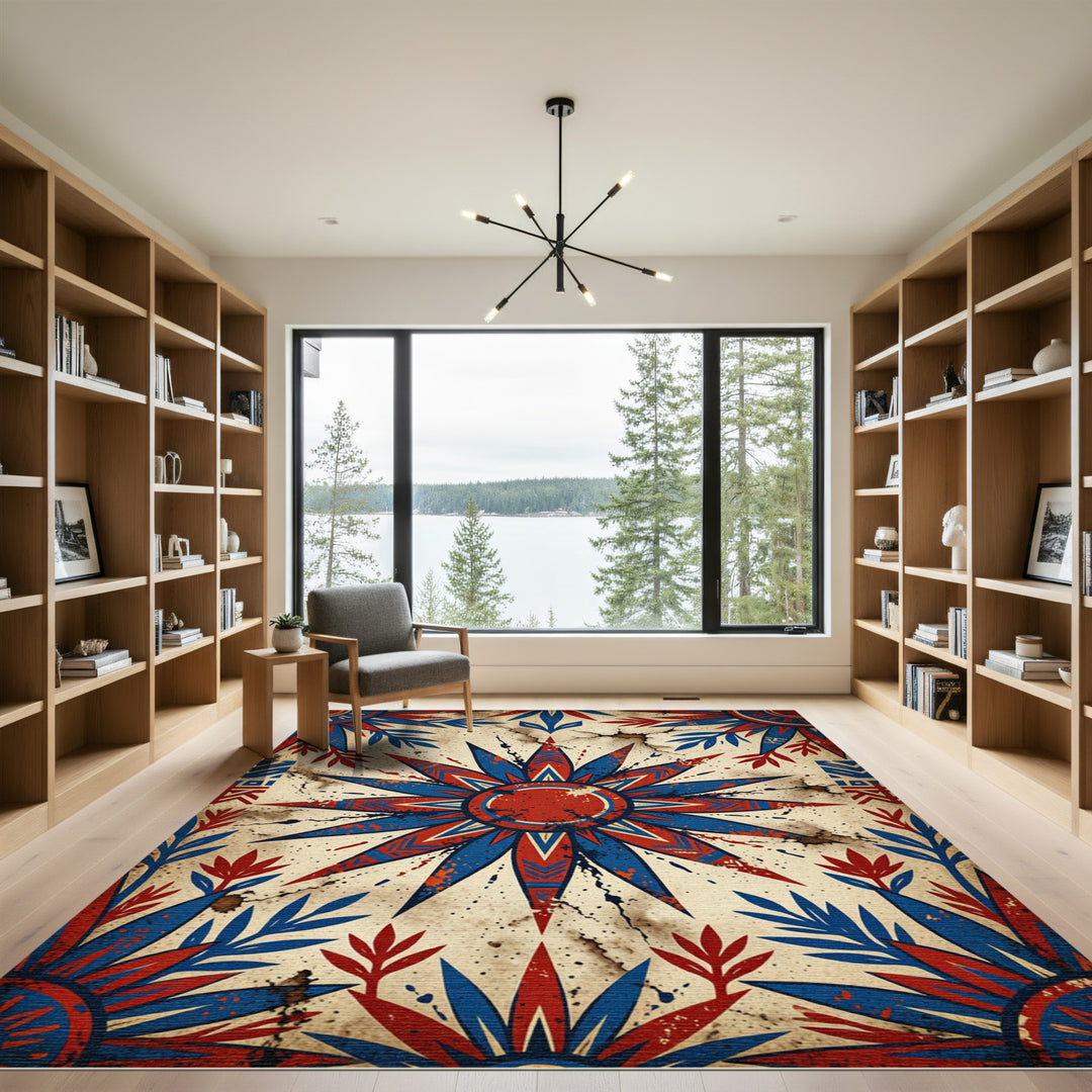 Bold Starburst Red Blue Medallion Rug