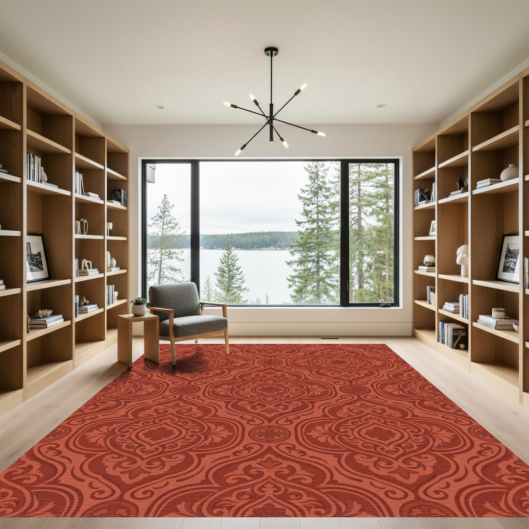Rich Terracotta Damask Floral Medallion Rug