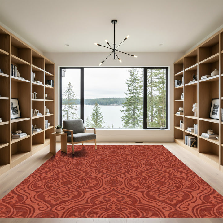 Rich Terracotta Damask Floral Medallion Rug