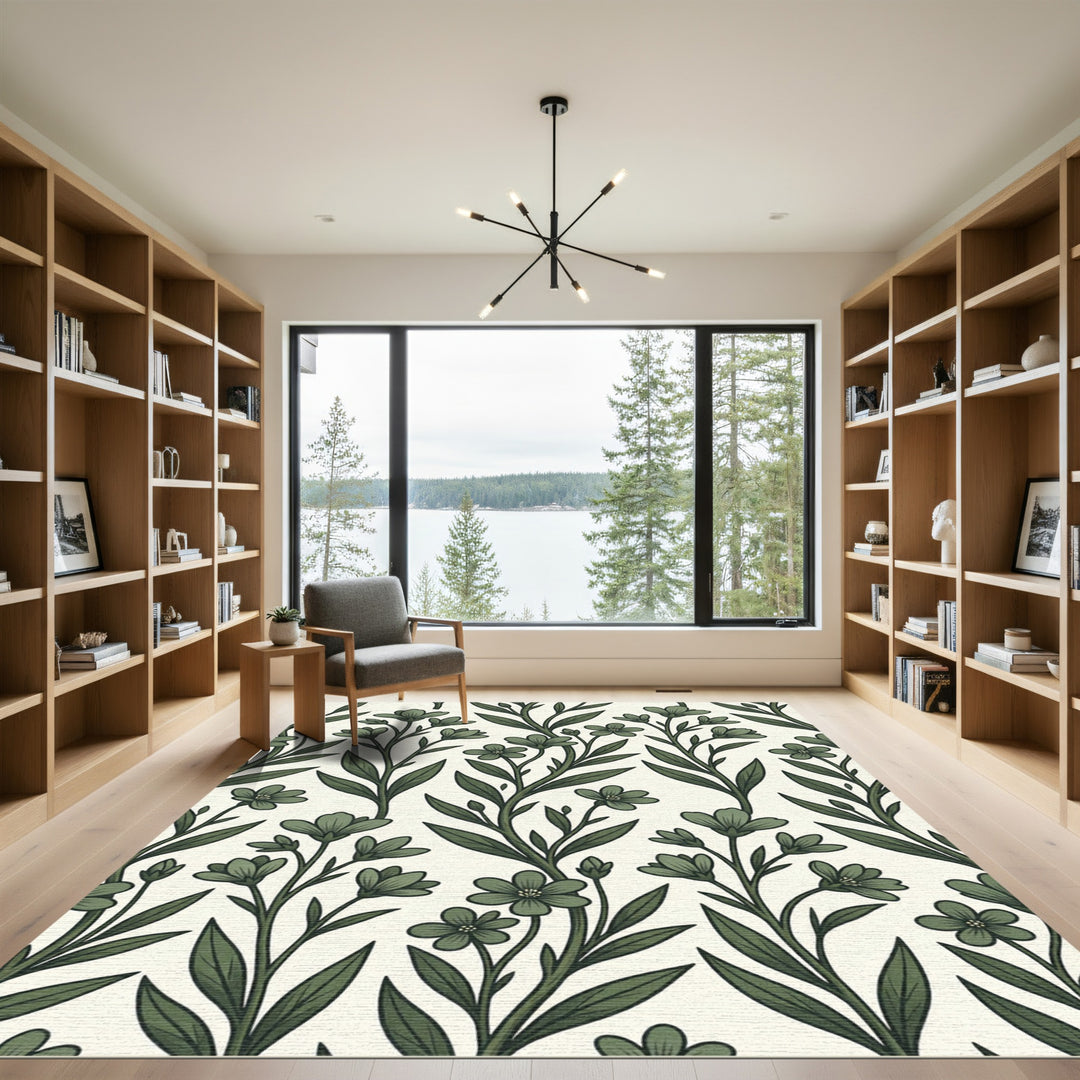 Green Floral Botanical Illustration Rug
