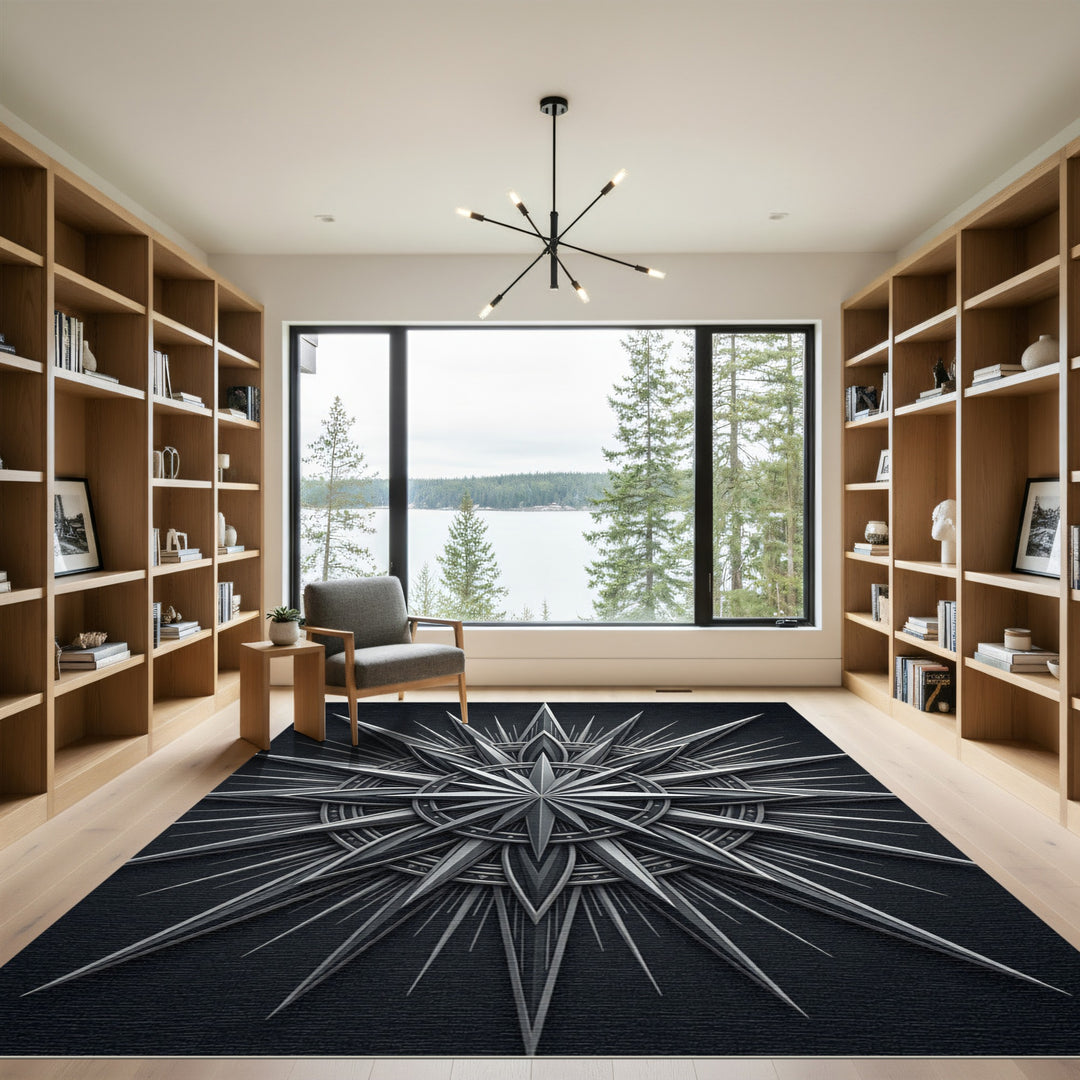 Ornate Silver Sunburst Compass Rug