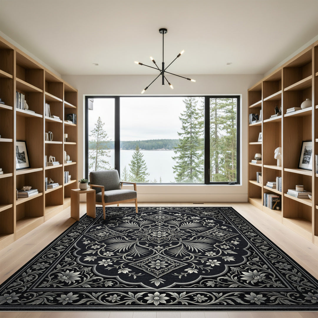 Ornate Silver Floral Arabesque Rug