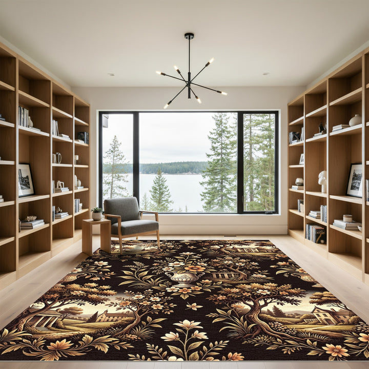 Vintaged Ochre Floral Trees Landscape Rug