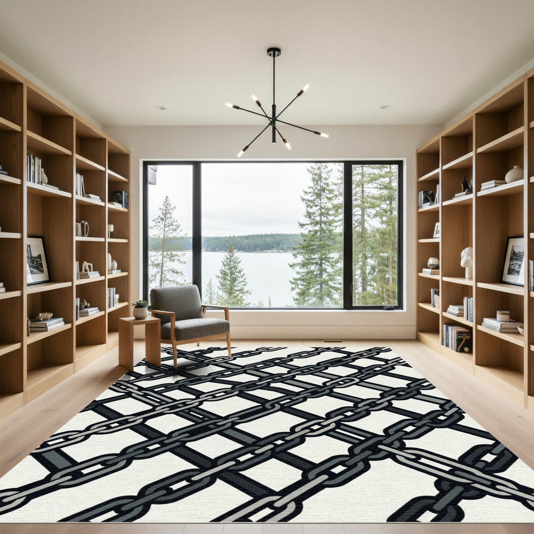 Interlocking Gray Chain Geometric Rug