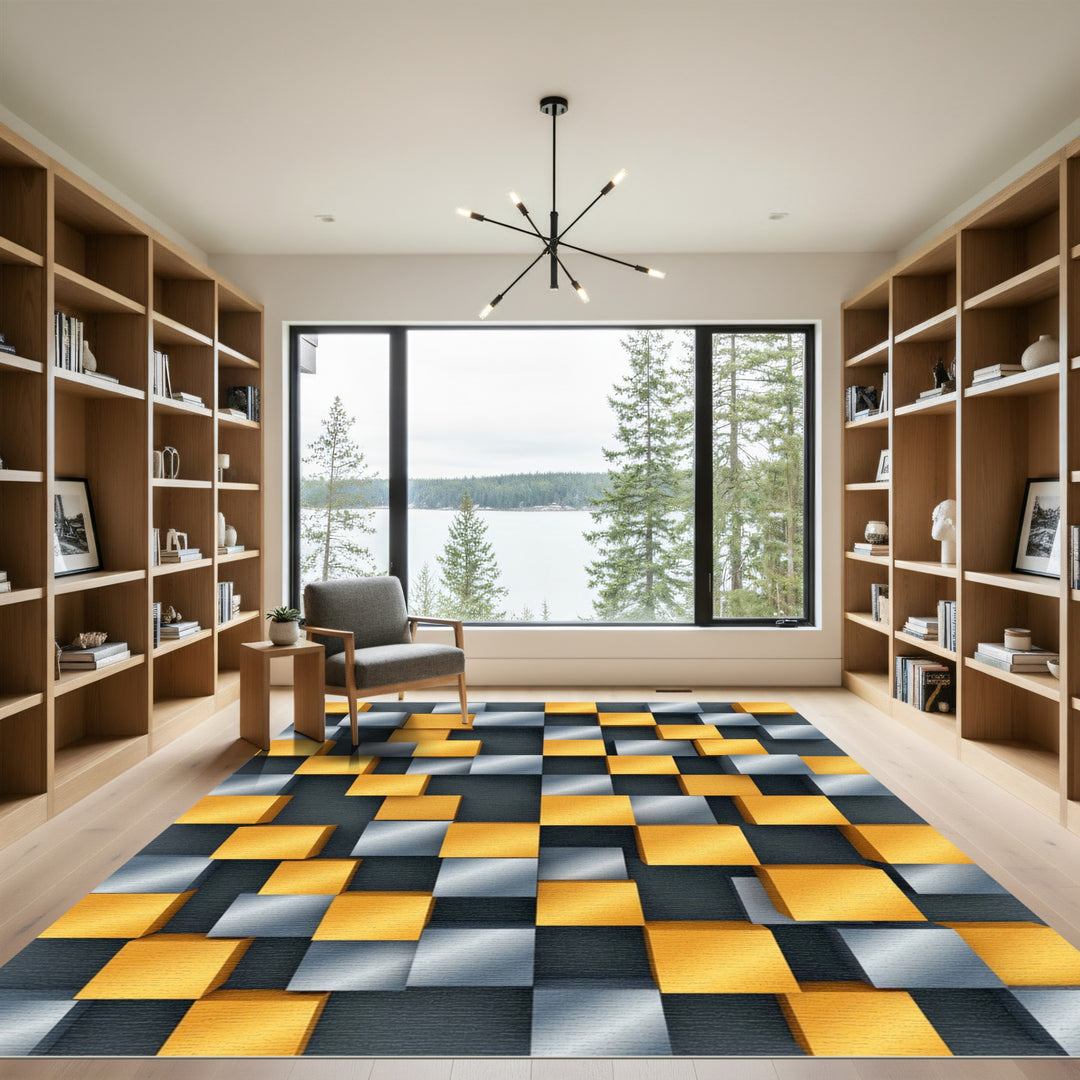 Golden Gray Cubes Illusion Rug