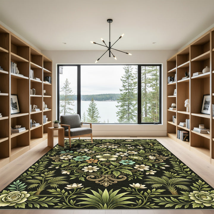 Ornate Emerald Floral Palm Rug