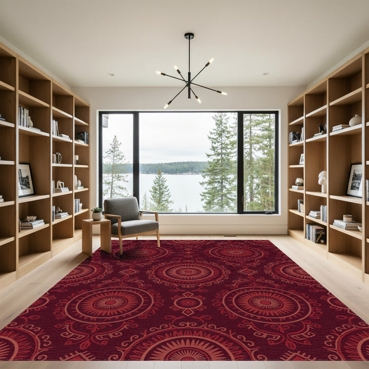 Deep Red Circular Medallion Intricate Ornament Rug