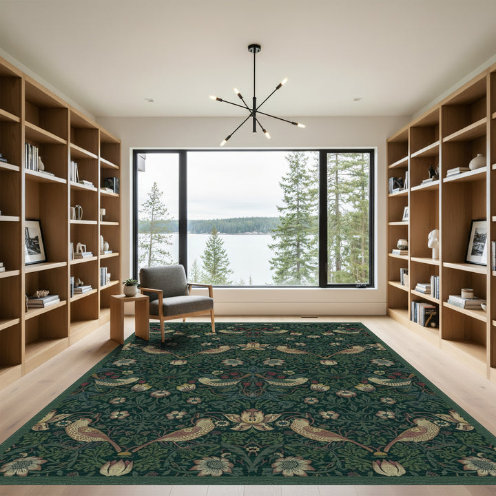 Dark Green Bird Floral Garden Rug