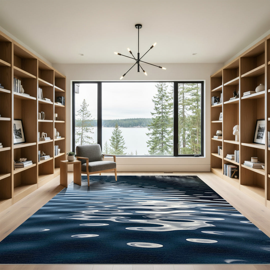 Deep Blue Rippled Water Reflection Rug