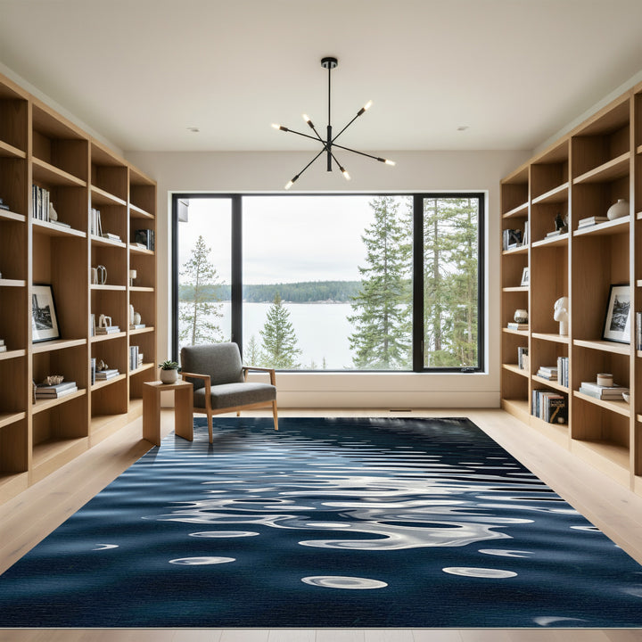 Deep Blue Rippled Water Reflection Rug