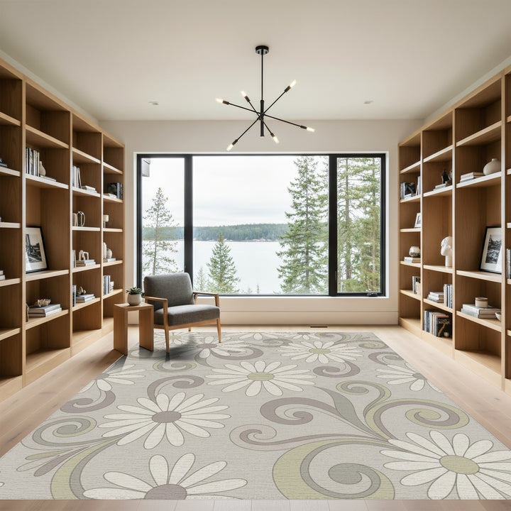 Retro Daisy Swirl Taupe Floral Rug