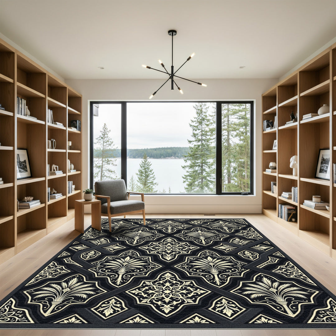 Golden Black Floral Lattice Medallion Rug