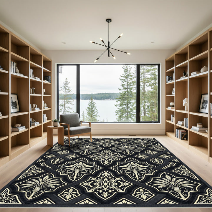 Golden Black Floral Lattice Medallion Rug
