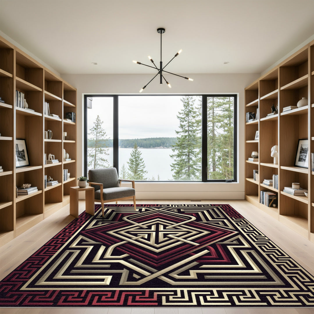 Muted Red Geometric Maze Rug