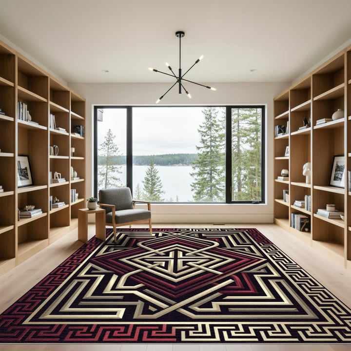 Muted Red Geometric Maze Rug
