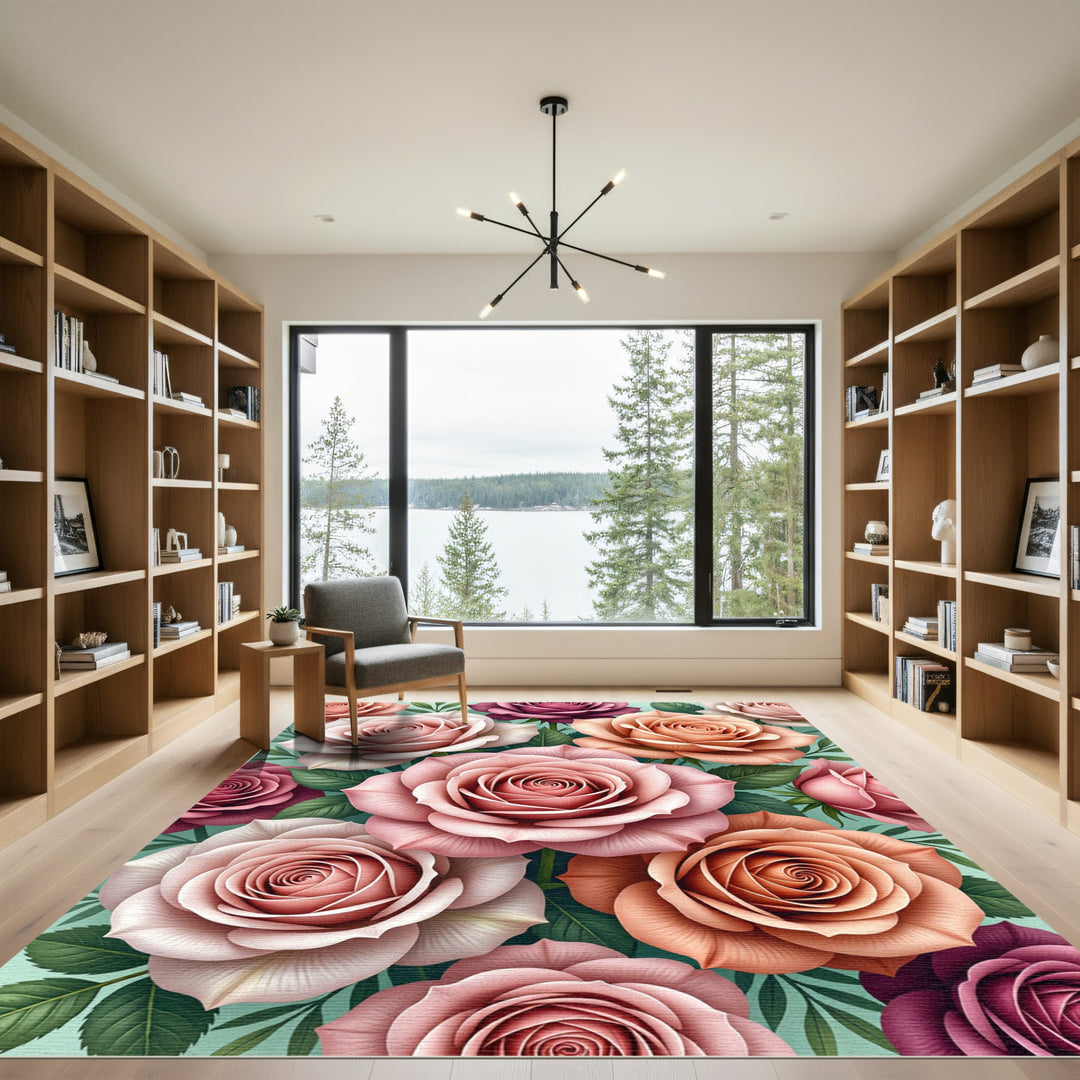Romantic Pink Peach Rose Garden Rug